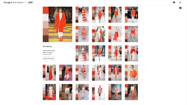 런웨이 팔레트 메인에서 아무 색을 클릭하면 그와 매칭되는 패션의상을 볼 수 있다. (사진=구글 제공). ©AI타임스
