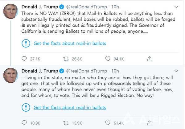 트럼프 대통령이 '우편투표' 도입에 반대하는 트윗을 올리자 트위터가 파란 글씨로 '팩트체크' 경고라벨을 달았다.