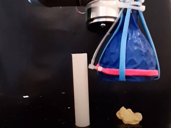 MIT와 하버드대 팀이 만든 원뿔 모양의 로봇 집게 손(그리퍼)이 감자칩을 집어 올리려 하고 있다. (사진=MIT CASIL)