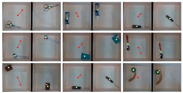 여기서 포워드(전진) 모델 예측은 쌍으로 된 이미지들로 시각화된다. 왼쪽 이미지는 상호작용 전 관측치, 오른쪽 이미지는 상호작용 후 관측치다. 상호작용 전 물체의 표면상 참 위치(녹색 점으로 표시), 물체의 오디오 임베딩, 로봇이 취한 조치(빨간 화살표로 표시)를 기반으로 한  훈련된 전진 모델은 향후 물체 위치(빨간 점으로 표시)를 예측한다. 자료=카네기멜론대