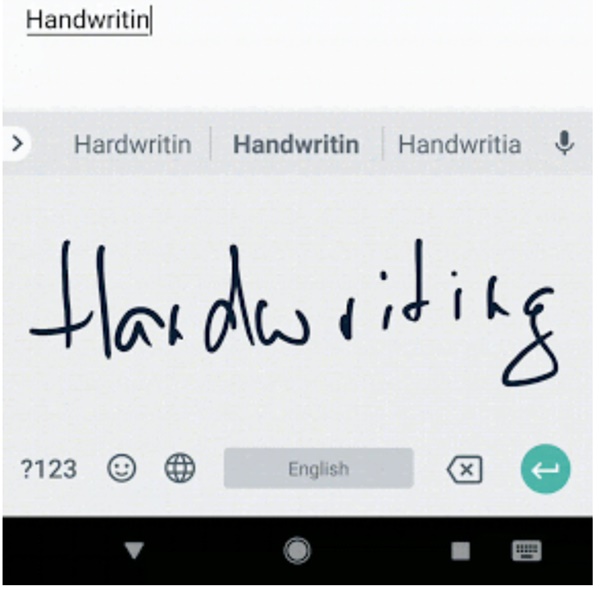 구글이 터치 및 스타일러스(전자펜)으로 입력한 내용을 인식시켜 화면에 보여주는 디지털 잉크 인식 API(application programming interface)를 머신러닝(ML) 키트에 추가했다. 사진은 ‘Handwriting’을 필기체로 쓰면 화면이 이를 인식해 화면위에 인쇄체로 보여주는 모습.