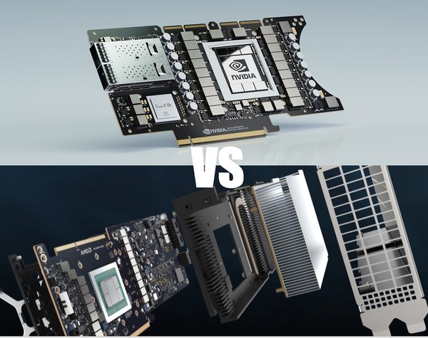 엔비디아의 A100(위)과 AMD의 라데온 인스팅트(사진=엔비디아, 인텔)