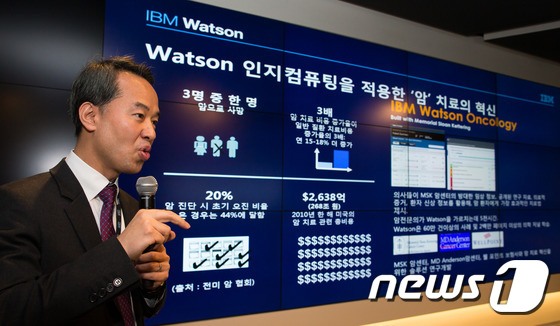 배영우 한국IBM 왓슨 기술 고객 자문 상무가 지난 2015년 12월 14일 서울 여의도 한국IBM 본사에서 열린 송년 미디어데이에서 왓슨 솔루션을 소개하고 있다. (사진=뉴스1 제공).