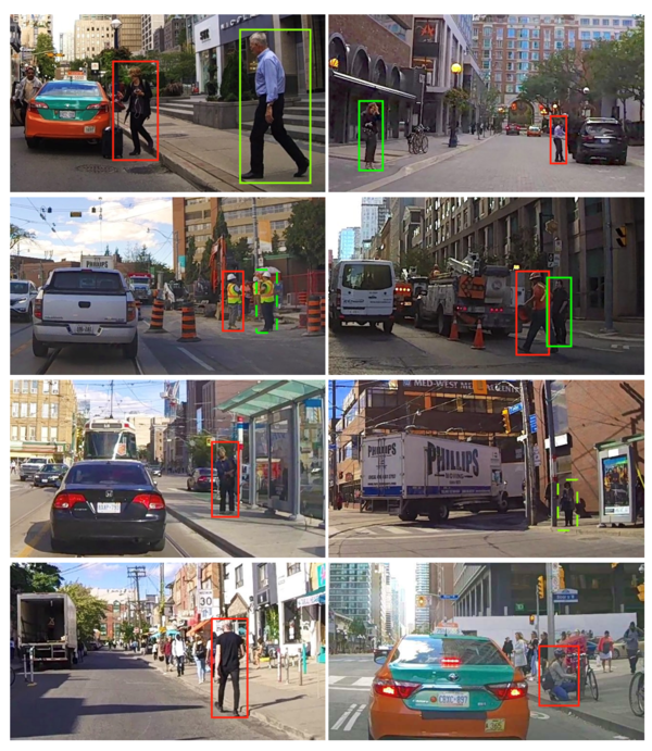 알고리즘에 따르면 녹색 박스는 길을 건널 의도가 있는 사람이고, 붉은색 박스는 길을 건너지 않을 것으로 보이는 사람이다. 점선으로 처리된 박스는 기계가 잘못 인식한 케이스다. 사진: Rasouli et al. 2019 논문 발췌.