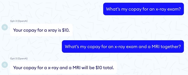 ▲GPT3는 X레이 보험혜택비용을 10달러로 답한 후, MRI를 포함시킨 비용을 묻는데도 총 10달러로 답하고 있다. 사진=니블라