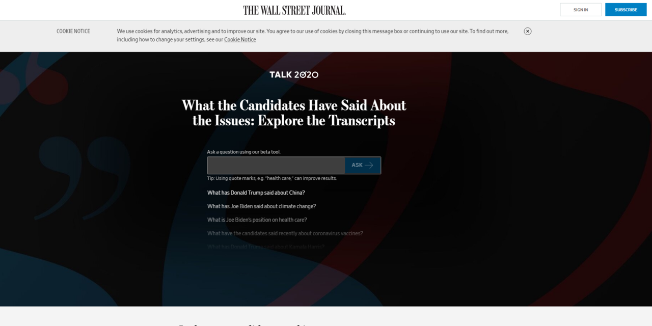 월스트리트저널(WSJ)이 만든 소프트웨어(SW) 'Talk 2020' 메인 홈페이지. 이 SW로 대선 후보의 지난 성명ㆍ발언 자료를 검색해 찾을 수 있다.