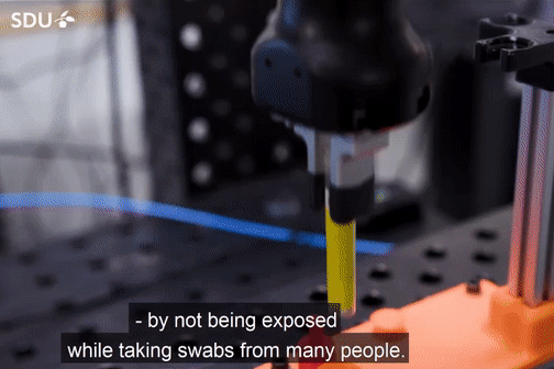 지난 5월 덴마크 남부대학(SDU) 로봇공학 연구팀이 코로나19 전용 인후 면봉 채취 검사를 할 수 있는 자동 로봇을 세계 최초로 개발하는 데 성공했다. (사진=SDU).