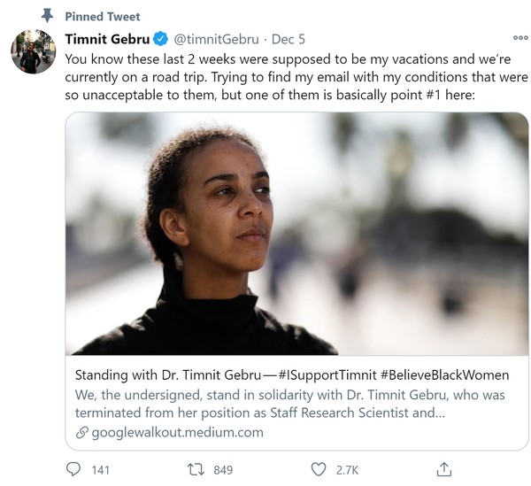 자신을 옹호하는 캠페인을 트위터 메인 게시글로 공유한 팀닛 게브루 박사.