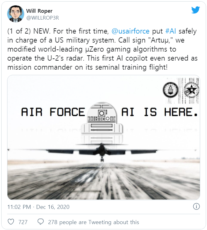 (사진= 윌 로퍼 미 공군 조달·기술·병참 담당 차관보 트위터).