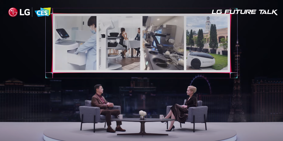 박일평 사장은 LG 클로이봇이 다양한 곳에서 실제로 사용되고 있다고 설명했다. (사진=CES2021 LG전자 컨퍼런스 캡처)