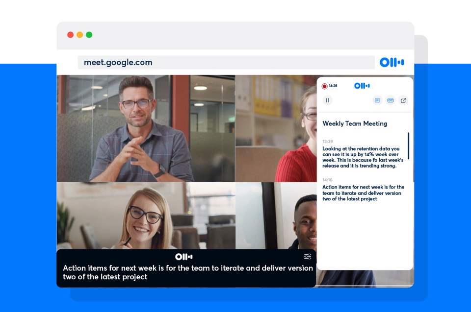 오터.ai로 화상회의를 실행했을 때 화면 일부. 회의에 참가한 사람들의 말을 실시간으로 자막처리한다. (사진=오터.ai 홈페이지). 
