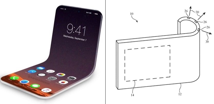 애플 폴더블 예상 이미지(왼쪽)와 새로운 특허(이미지=AaronAMason 트윗, 미국 특허청)