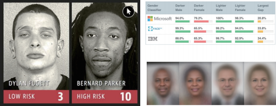 (좌) 범죄율을 예측하는 COMPAS 시스템이 보이는 인종적 편향, (우) 클라우드 기반 AI 얼굴인식 시스템이 보이는 성별적 편향. (사진=정보통신기획평가원(IITP) '인공지능 기술 청사진 2030').