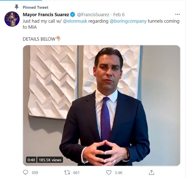 프란시스 수아레즈 마이애미시장이 자신의 트위터에 시 지하터널 공사와 관련한 머스크와의 통화내용을 알리는 동영상을 게재했다. (사진=수아레즈 트위터 캡처). 