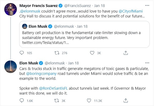 지난달 일론 머스크 CEO와 수아레즈 시장이 주고받은 트위터 내용. (사진=트위터 캡처).