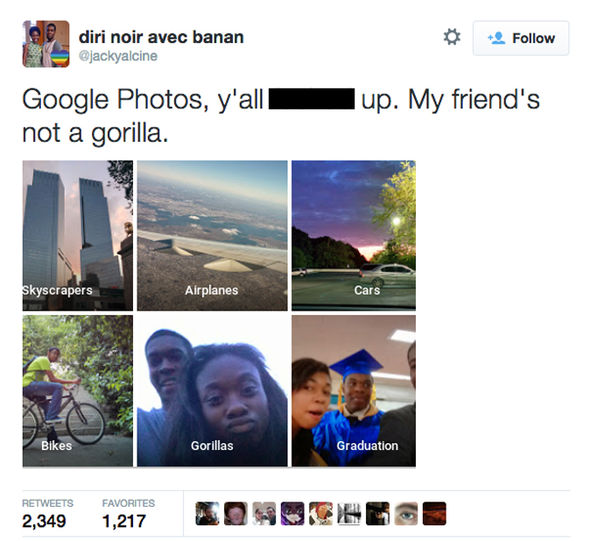 지난 2015년 구글 포토의 이미지 인식 알고리즘도 흑인 두 명을 ‘고릴라’로 분류‧표시해 논란이 됐다. (사진=트위터).