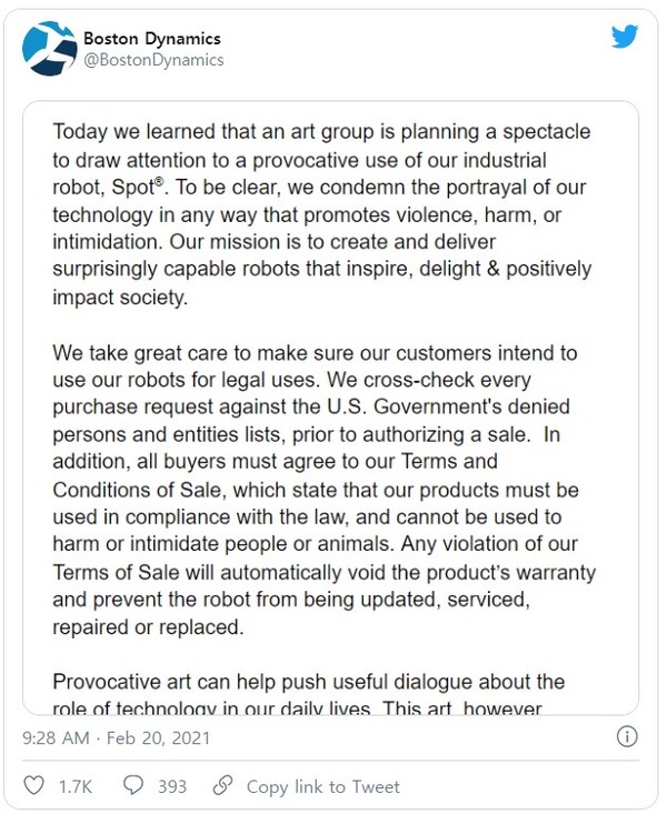 보스턴다이내믹스가 20일 트위터를 통해 '스팟의 광란' 프로젝트에 대한 공식 반대의사를 밝혔다. (사진=트위터 캡처).