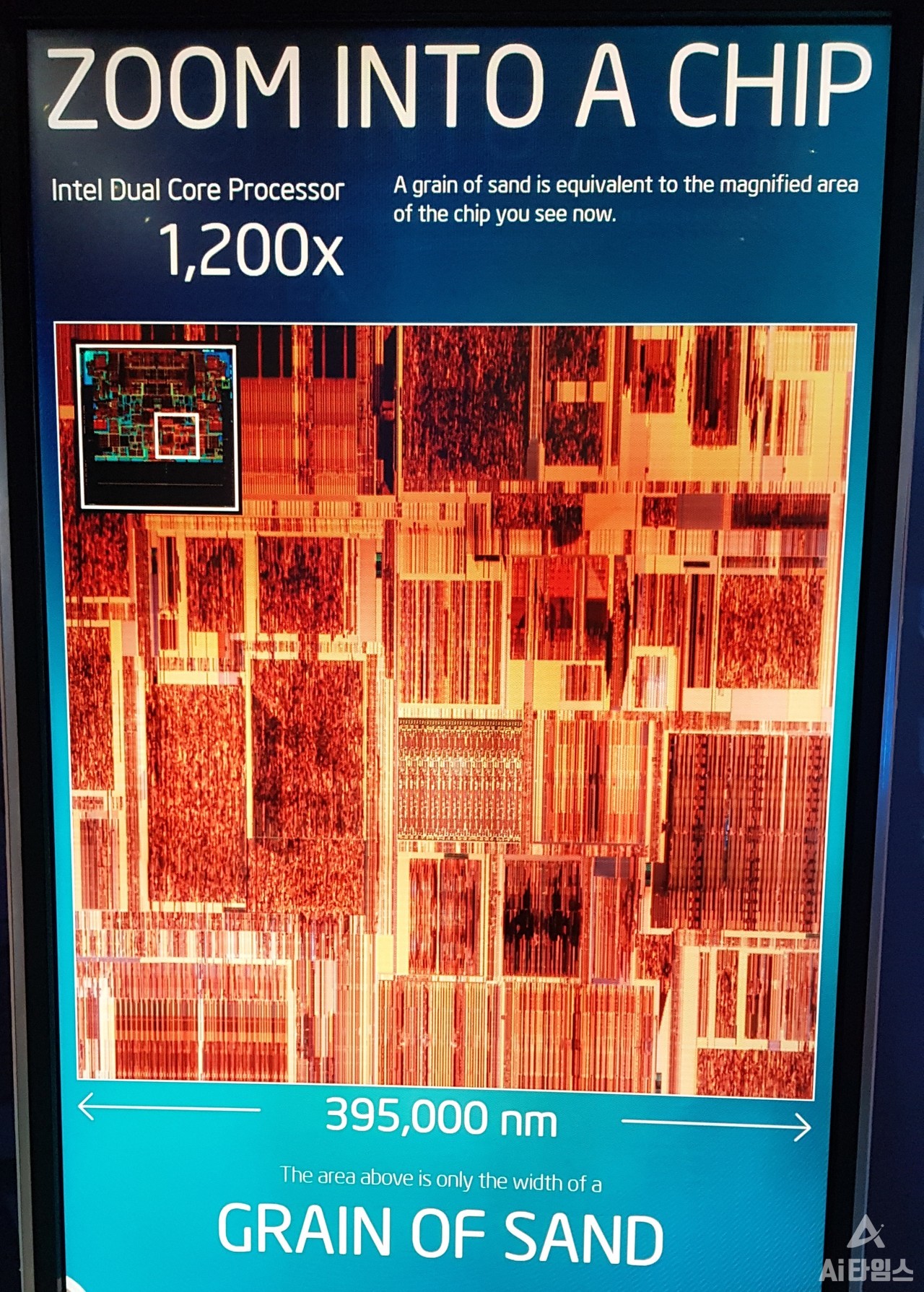 1nm은 얼마나 작을까? 인텔 반도체 내부와 모래 한 알의 nm 단위 비교 (사진= 양대규 기자, 소스= 인텔)