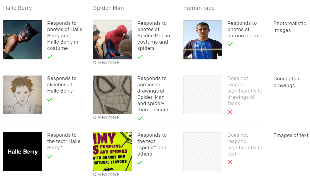 'Spider'라는 단어에 만화 캐릭터 스파이더맨 의상을 입은 사람과, 스파이더맨 그림을 인식한 모습 (사진=오픈AI 블로그)