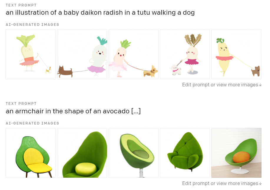 DALL-E에 ‘개를 산책시키는 무’라고 입력하면 그려지는 그림. '아보카도 모양 암체어'라는 명령에 그려진 그림. (사진=오픈AI 블로그)