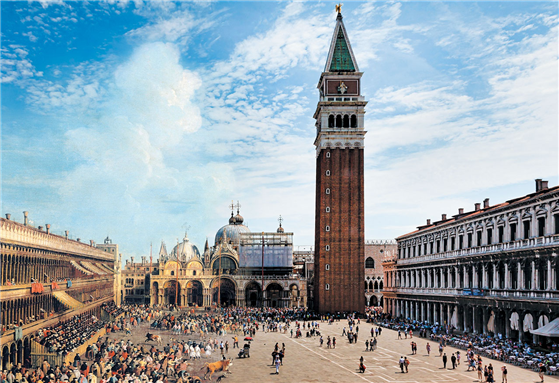 '베네치아 타임머신 프로젝트'의 한 장면. 왼쪽 절반은 18세기 화가 카날레토가 베네치아 성마르코 광장의 풍경을 그렸던 중세시대 그림. 오른쪽은 현재 베네치아에 있는 광장의 모습을 실제 촬영한 사진. 베네치아가 지중해 무역을 다루어왔던 수백만 건의 빅데이터를 기반으로 중세 베네치아를 디지털로 구현하는 데 성공했다. (사진=베네치아 타임머신 프로젝트 사이트).