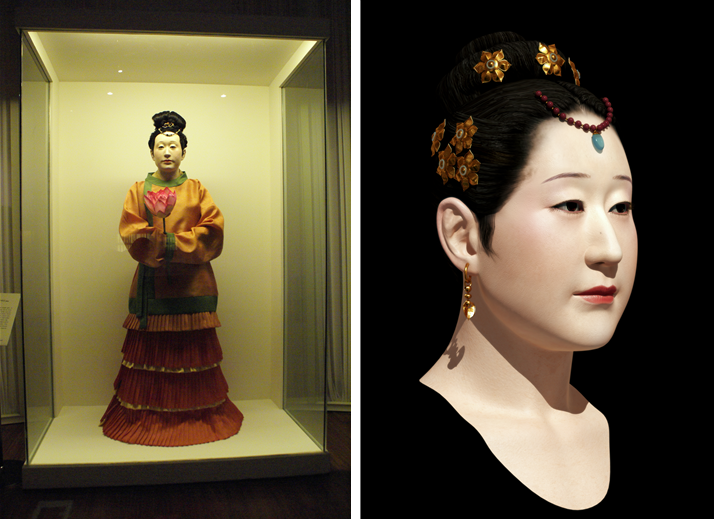 AD 6세기 당시 백제 여인의 모습을 재현했다. 충남 부여 능안골 귀족여인의 전신상(왼쪽)과 디지털 복원한 백제 여인상(오른쪽). 장신구는 실제 능안골 고분에 출토된 장신구들을 그대로 달았다. (사진=박진호 제공).