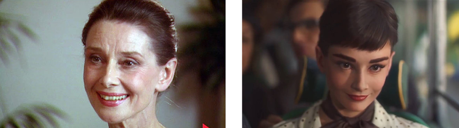 1993년 사망 전 오드리 헵번 사진(왼쪽)과 초콜릿 광고에 등장한 디지털 휴먼 오드리 헵번(오른쪽). (사진=Framestore. Audrey Hepburn™ © 2013 Sean Hepburn Ferrer and Luca Dotti).