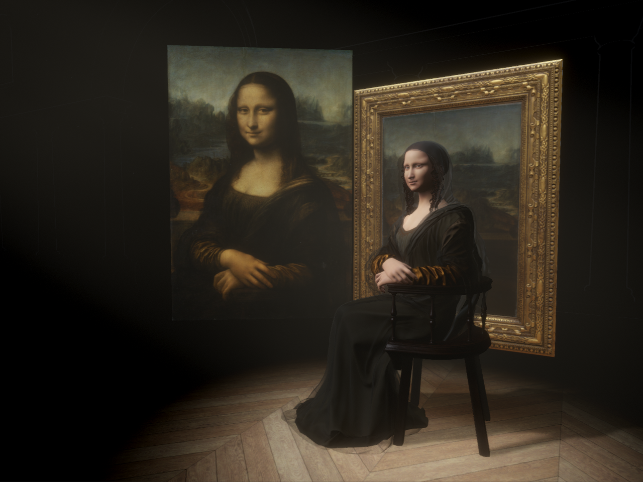 2차원 정지된 회화를 3차원 공간으로 바꾸고 그 안에 디지털 휴먼 형태의 모나리자 캐릭터를 배치한 모습. (사진=루브르 박물관).