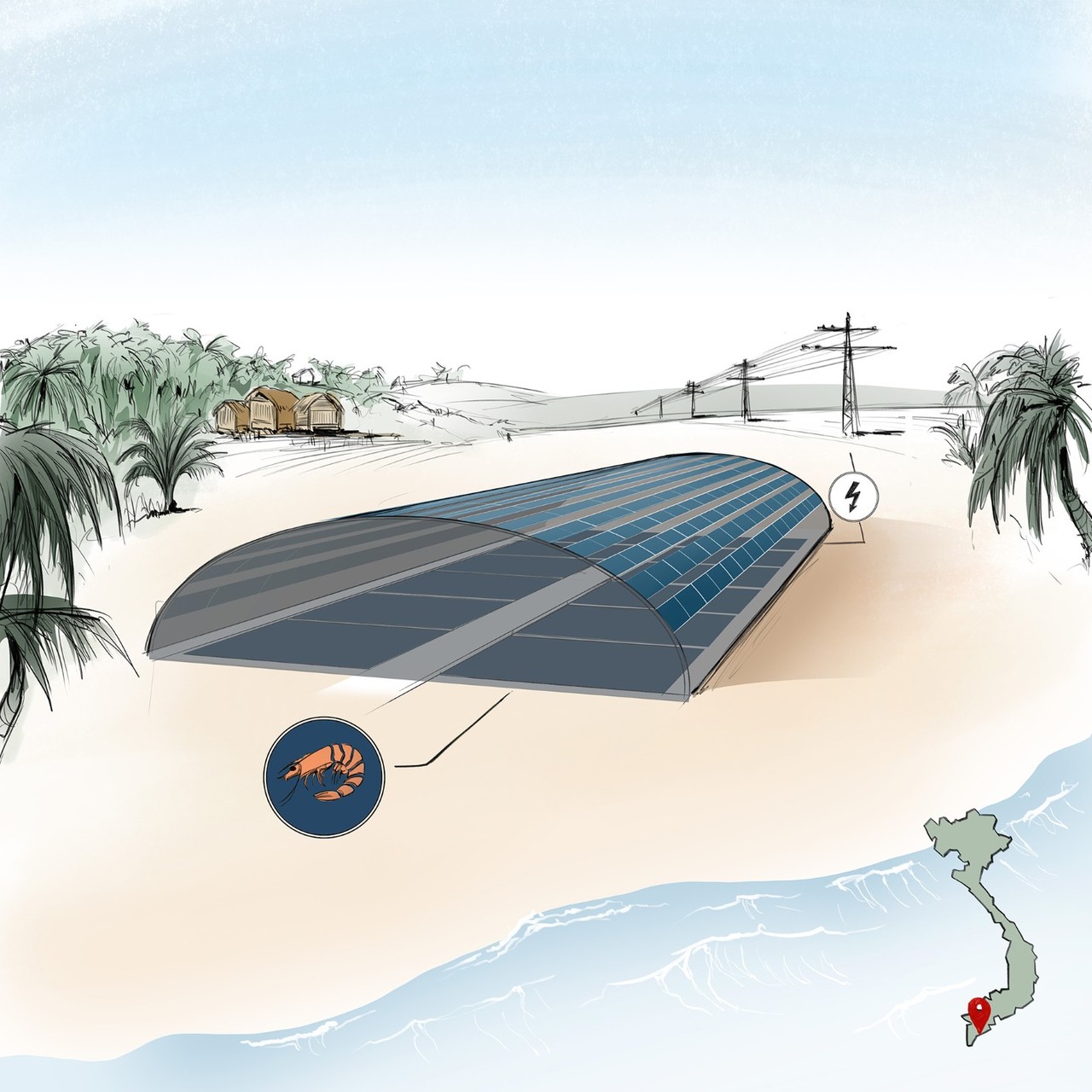 베트남 한 지역에 설치된 새우 양식과 전기 생산을 병행할 수 있는 영농형 태양광 시설 모습. (사진=프라운호퍼 홈페이지).