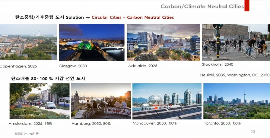 김정곤 SH서울주택도시공사 스마트시티 사업단장은 26일 광주시의회 대회의실에서 열린 스마트시티포럼 출범식에서 '탄소중립 시대 스마트시티 역할과 사례'를 주제로 발표하고 있다. 탄소중립·기후 중립도시와 탄소배충 80~100% 저감 선언 도시를 소개하고 있다. 