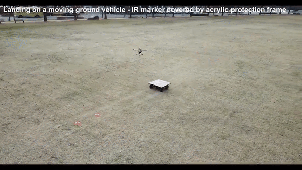 드론이 움직이는 지상이동체 위에 설치된 반구형 적외선 마커를 인식해 이동하는 차량 위에 착륙하는 실험 장면. 버즈아이뷰에서 촬영한 영상. (영상=지스트 제공).
