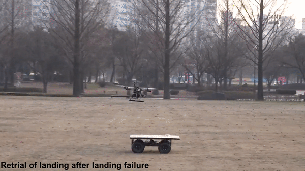 드론이 움직이는 지상이동체 위에 설치된 반구형 적외선 마커를 인식해 이동하는 차량 위에 착륙 실패 후 다시 착륙하는 실험 장면. (영상=지스트 제공).