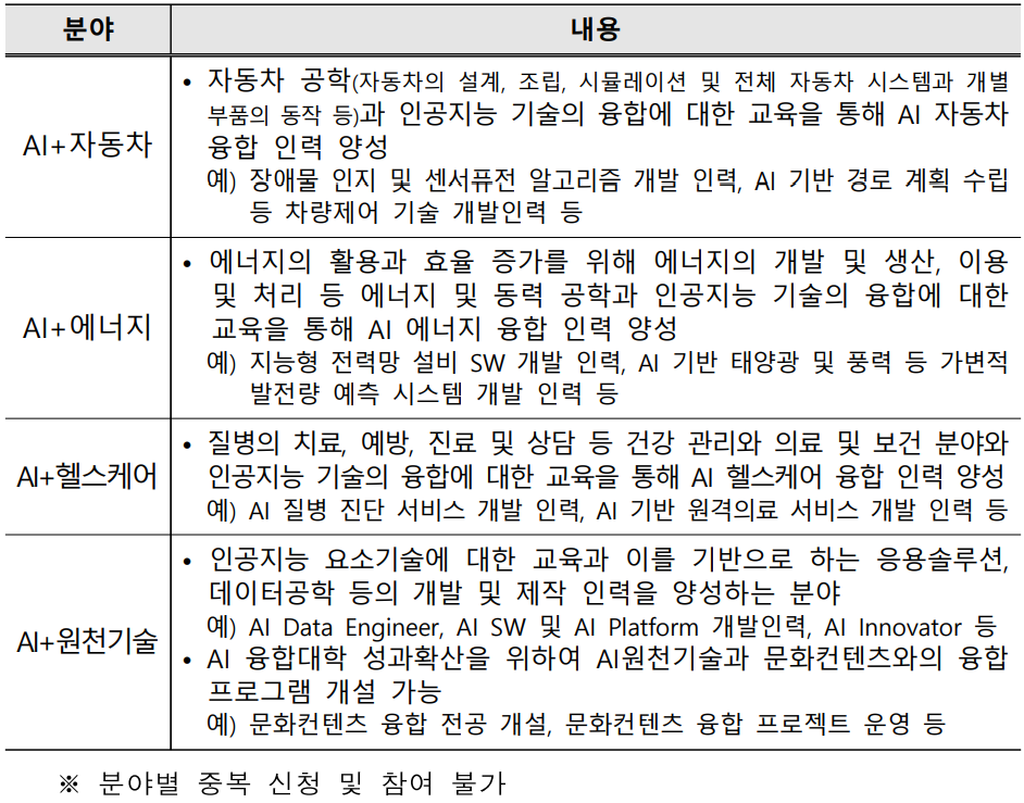 ‘인공지능 융합대학 지원 사업’ 지원 분야 및 내용. (사진=인공지능산업융합사업단 홈페이지).