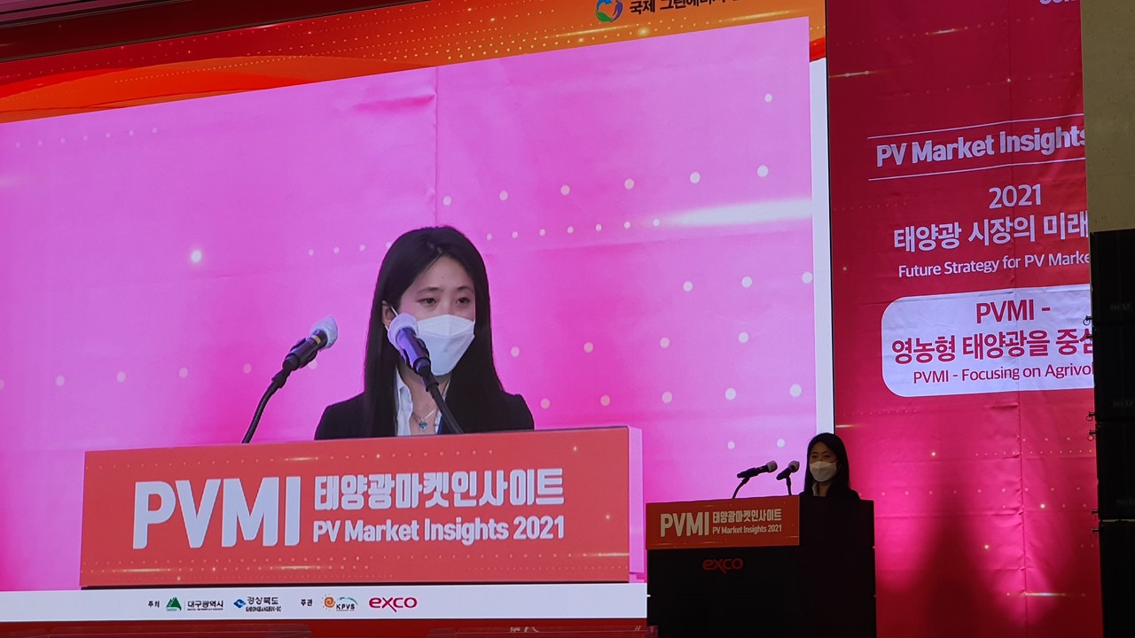 강진숙 엔벨롭스 팀장이 '피지 영농형 태양광' 사업의 추진 배경에 대해 설명하고 있다. 