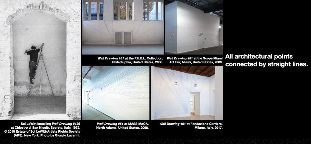 왼쪽 솔 르윗이 작업하는 모습, 오른쪽 4개의 사진은 모두 각각 벽 그림 51번을 완성한 모습이다. (사진=BK21)