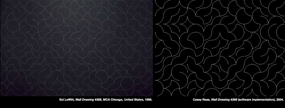 왼쪽 솔 르윗의 실제 벽그림 358번이며, 오른쪽 케이시리스가 소프트웨어로 구현한 벽그림 358번이다. (사진=BK21)