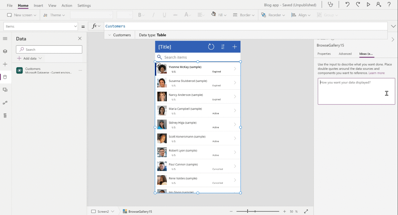 GPT-3 기반 로우코드 플랫폼 파워앱스가 실행되는 모습. (사진=blog.microsoft.com). 