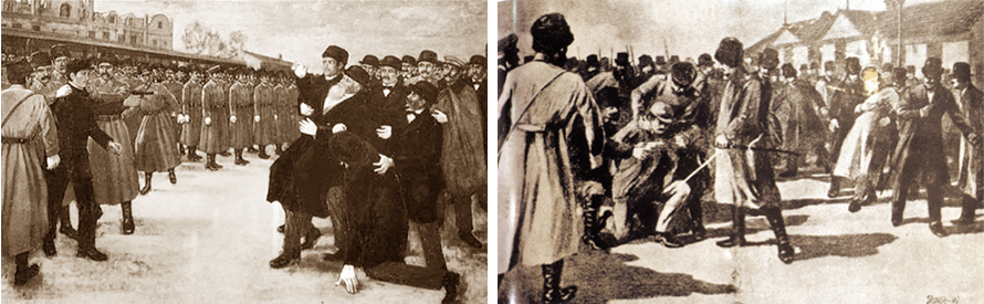 (왼쪽) 1909년 10월 26일 9시 30분경, 이토 히로부미를 총살 응징하는 안중근 의거 장면도(박영선 화백)와 (오른쪽)『도쿄일일신문』에 게재된 의거 직후 안중근 의사가 체포되는 장면을 그린 삽화. (사진=안중근의사기념관).