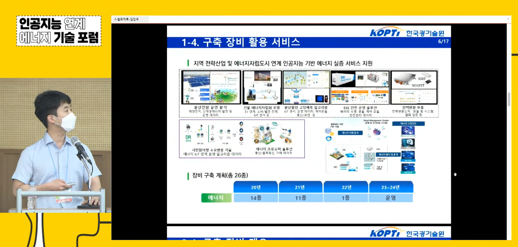 김민국 KOPTI 선임연구원이 ‘인공지능 중심 산업융합 집적단지 조성 사업(2020~2024년)’에 대한 전반적인 소개와 에너지 분야 장비 구축에 관한 이야기를 풀어가고 있다. (사진=한국광기술원 유튜브 채널 캡처).