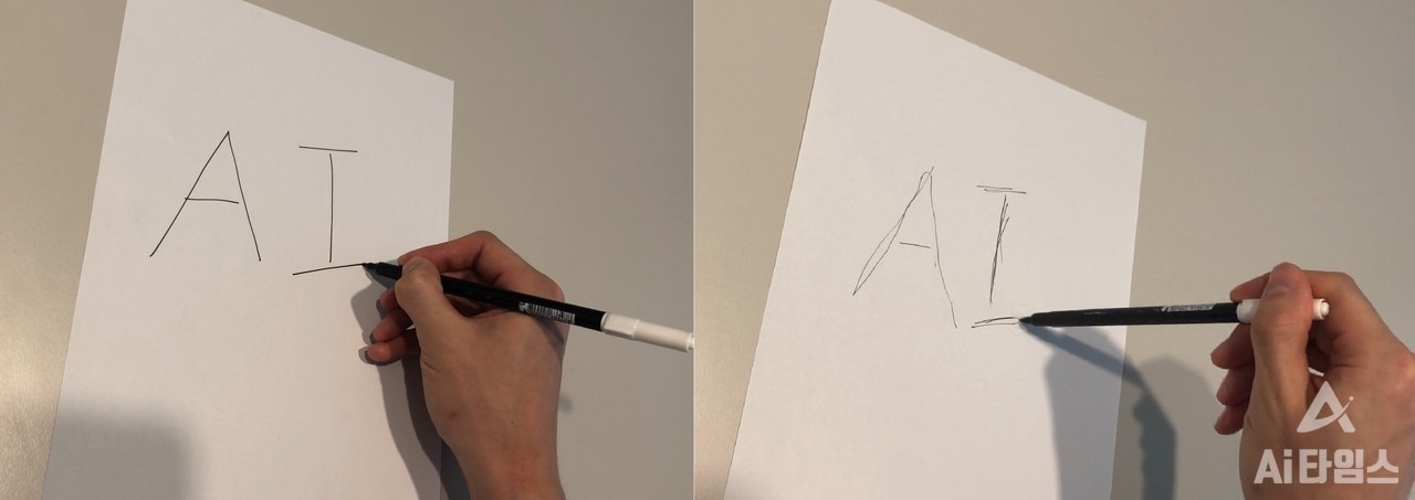 펜을 짧게 쥐고 쓰면 글씨를 한 번에 명확하게 쓸 수 있고(왼쪽), 길게 잡고 쓰면 여러 번 칠해야 글씨가 명확해지는 것(오른쪽)처럼 EUV도 짧은 파장으로 회로를 명확하게 그릴 수 있는 장점이 있다. (사진=김동원 기자)