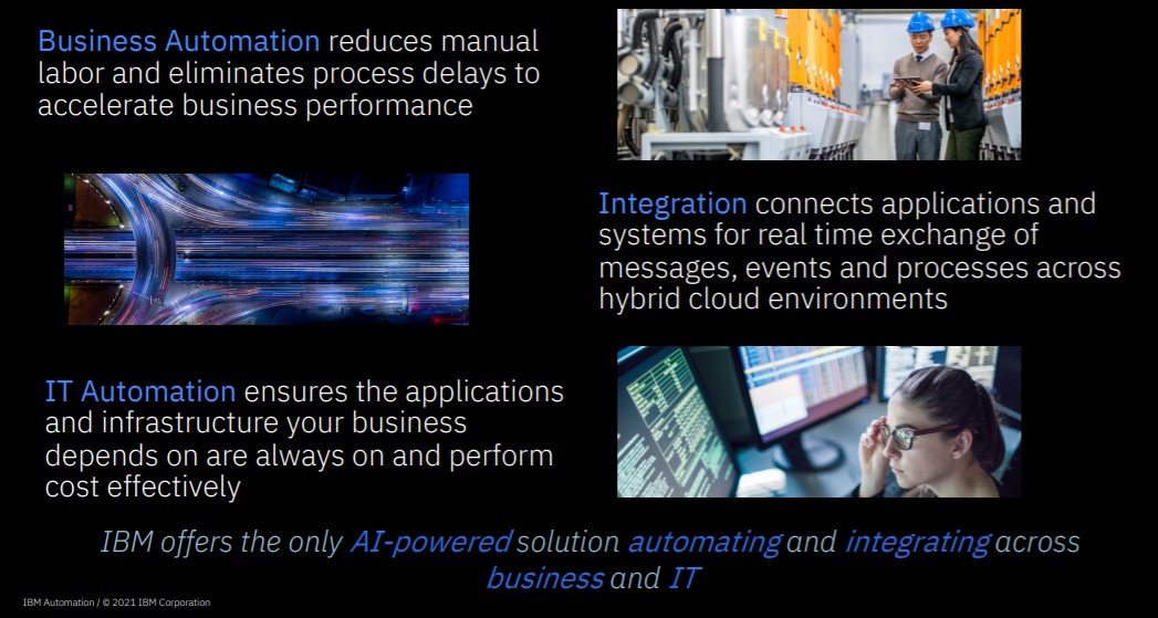 IBM은 기업의 완전한 자동화를 위해서는 비즈니스 자동화(Business Automation), 통합(Integration), IT 자동화에 집중해야 한다고 밝혔다. (사진=IBM)