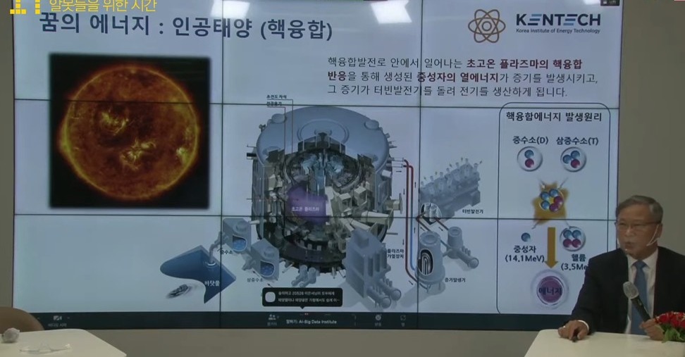 윤 총장이 꿈의 에너지 인공태양에 대해 설명하고 있다. 그는 미래에 가장 중요한 에너지원으로 인공태양을 꼽았다.  (사진=호남대 TV 유튜브 캡처).