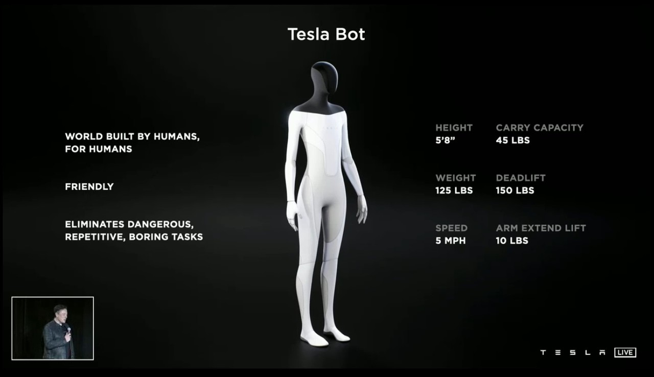 일론 머스크 CEO가 'AI 데이'서 공개한 '테슬라봇' 프로필. (화면 캡처=박혜섭 기자).
