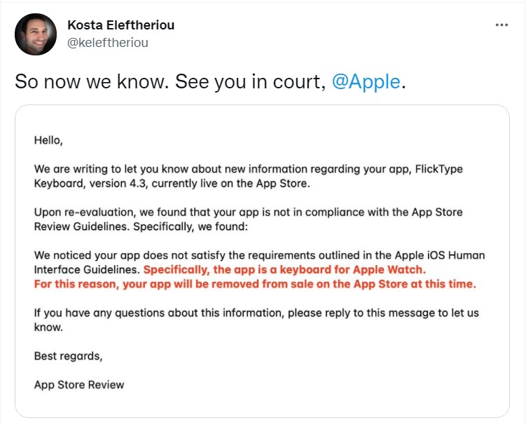 플릭타입(FlickType)을 개발한 엘레프테리우가 애플을 상대로 법정 소송을 예고하는 트윗을 올리며 3월 애플에게 받은 이메일 내용을 공개했다. (캡처=박혜섭 기자).