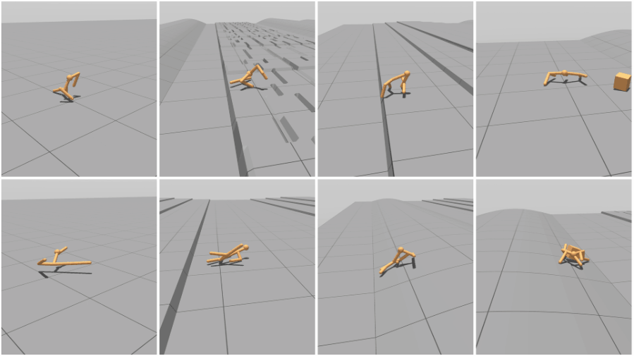 시뮬레이션에서 훈련 중인 AI 가상 육체 '유니멀', 환경에 따라 진화 형태가 다르다. (출처=Stanford).