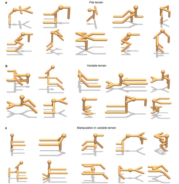 환경에 따라 모양이 변한 AI 가상 육체. 유니멀 상위 10종 세 그룹. (출처=Stanford).