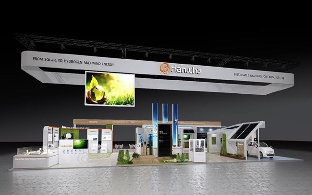 한화그룹에서 태양광 사업을 담당하는 한화솔루션 큐셀 부문과 수소 사업을 진행 중인 한화솔루션 케미칼 부문, 첨단소재 부문, 한화파워시스템, 한화임팩트가 2021 대한민국 에너지대전에 참가한다. 사진은 제1회 탄소중립 EXPO 한화큐셀 부스 조감도. (사진=한화솔루션 제공).