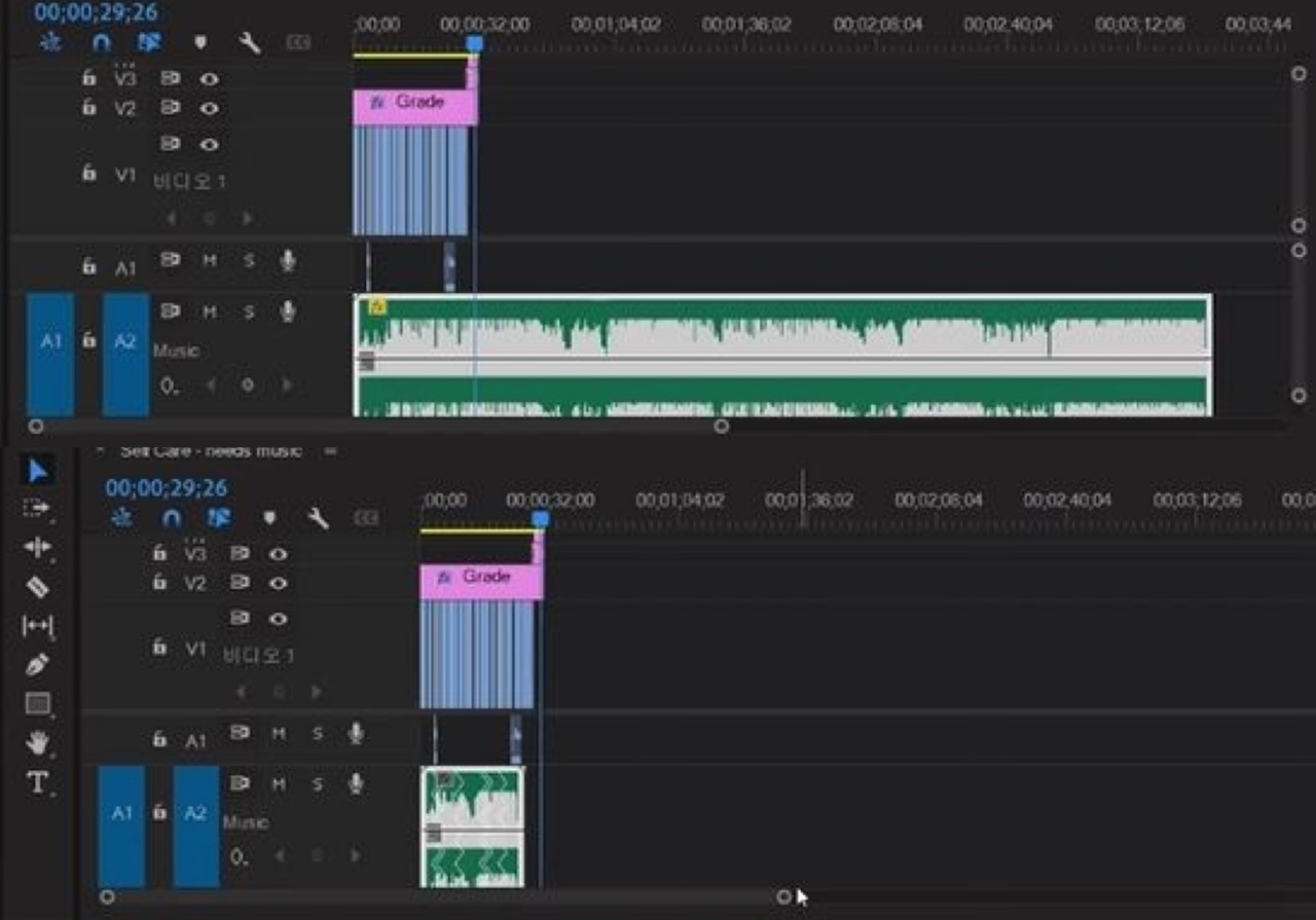 원본(위), 편집본(아래) 리믹스 기능을 통해 영상 길이에 맞춰 AI가 음악을 편집한다.  (출처=어도비 MAX 2021)