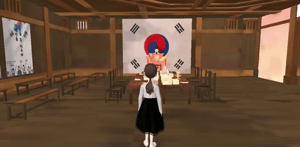 비밀 아지트로 들어가자 1920년대 후반 일제강점기 학생들이 치열하게 투쟁했던 역사를 떠올리면서 숙여해진 아바타. (영상=학생독립운동 메타버스기념관 월드 캡처).