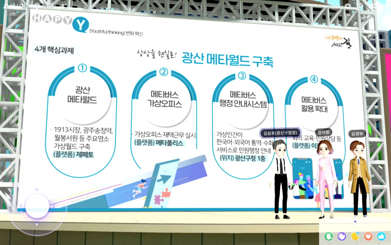 광주광역시 광산구청이 지난 10월 27일 메타버스 플랫폼에서 포스트코로나 대응 전략 시민보고회를 개최했다. '광산 메타월드'에서 김삼호 광주광역시 광산구청장과 구민들이 아바타로 접속한 모습. (사진=광주 광산구 제공).